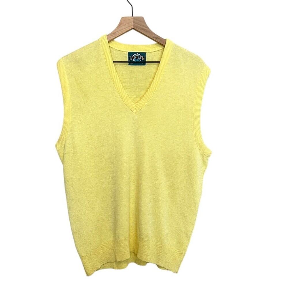 Vintage Jantzen Pullover Sweater Vest Mens Large Yellow V-Neck Knit Golf USA